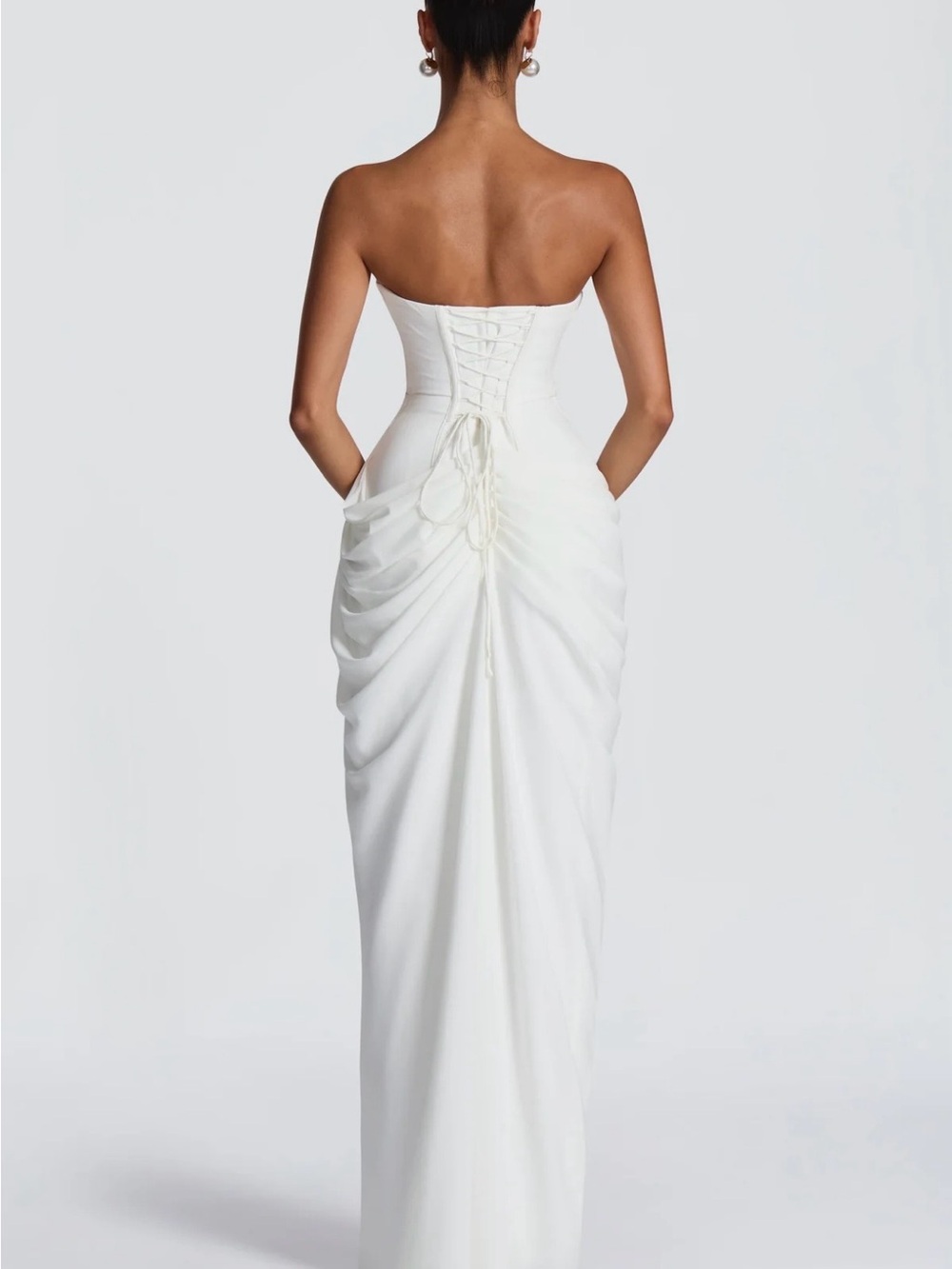 Strapless White Ruched High-Slit Evening Gown - Picture 2 of 2